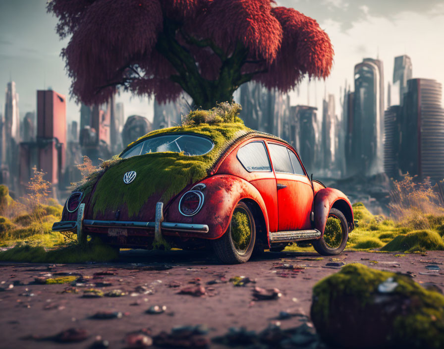 Vintage red Volkswagen Beetle covered in moss with futuristic city skyline.