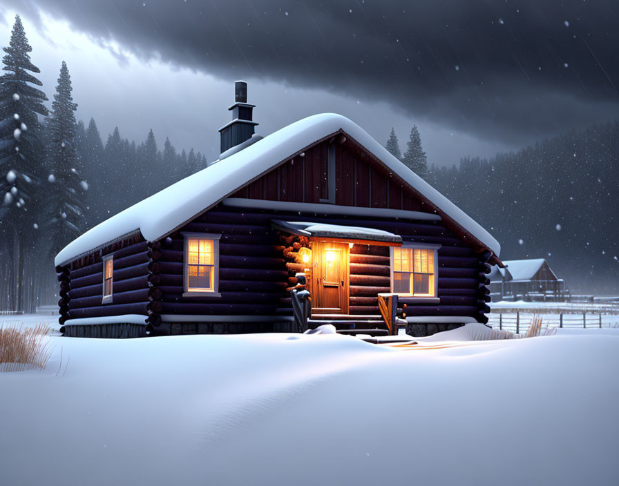 Snow-covered log cabin in warm light amid heavy snowfall