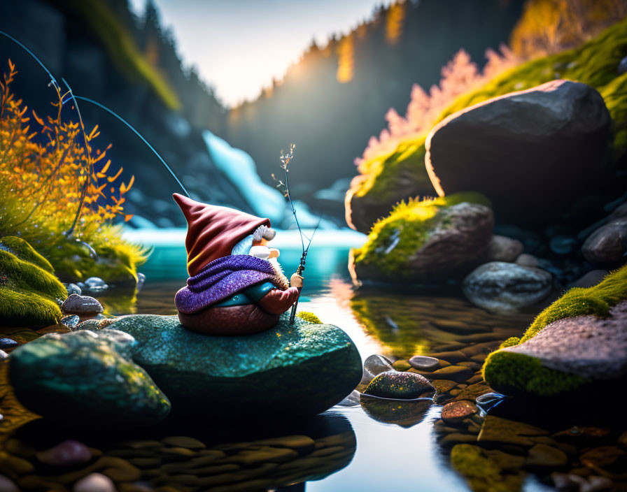 Whimsical gnome figurine fishing in serene creek landscape