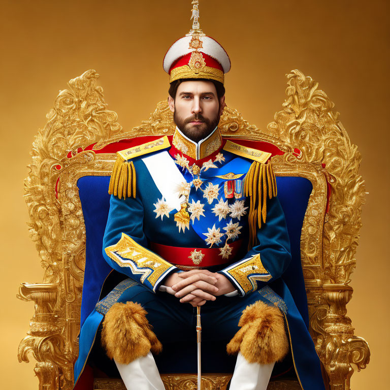 Man in regal blue and gold uniform on ornate golden throne with scepter and medals against golden