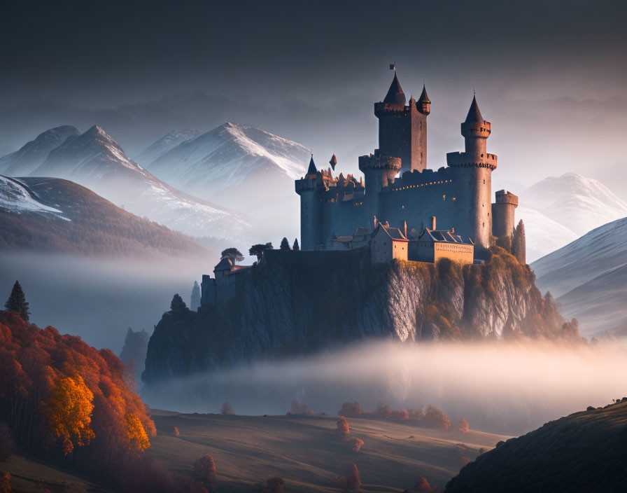 Medieval castle on hill with clouds, autumn trees, snow-capped mountains