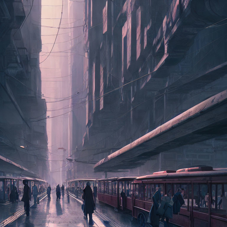 Futuristic cityscape with people at tram station and towering buildings in twilight glow