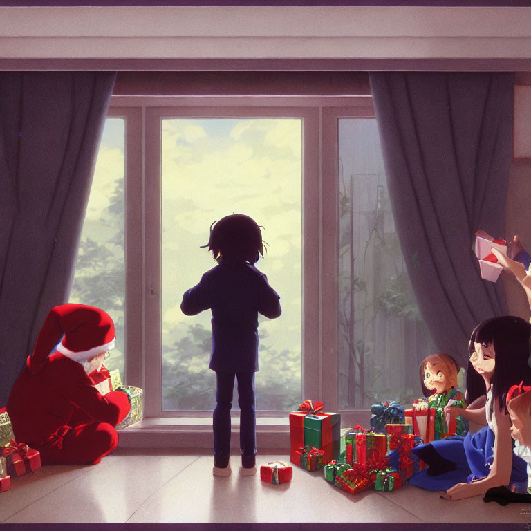 Holiday-themed illustration with children, Santa, and gifts.