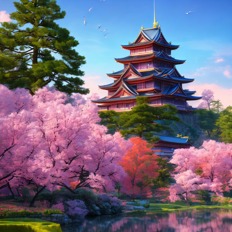 Japanese Castle Tower Surrounded by Cherry Blossoms and Pond