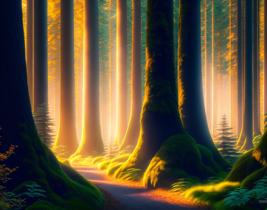 Mystical forest path with towering trees and lush moss under golden light