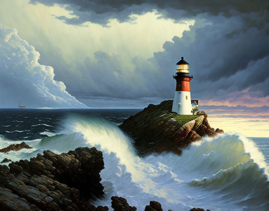 Rocky cliff lighthouse scene with crashing waves and dramatic sky