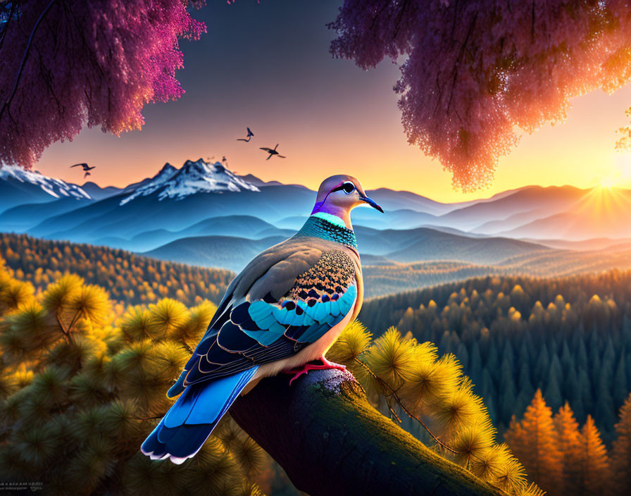 Colorful pigeon on pine branch at sunset with mountains and birds