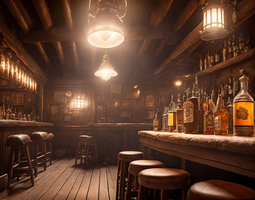 Rustic tavern interior with wooden bar stools and vintage decor