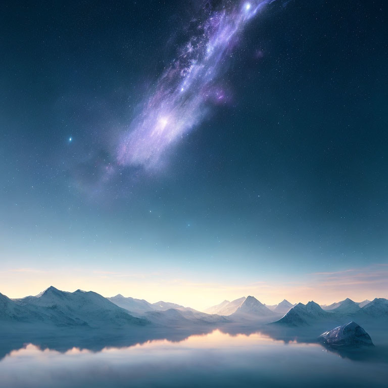 Snowy Mountains Reflected in Still Lake Under Starry Sky