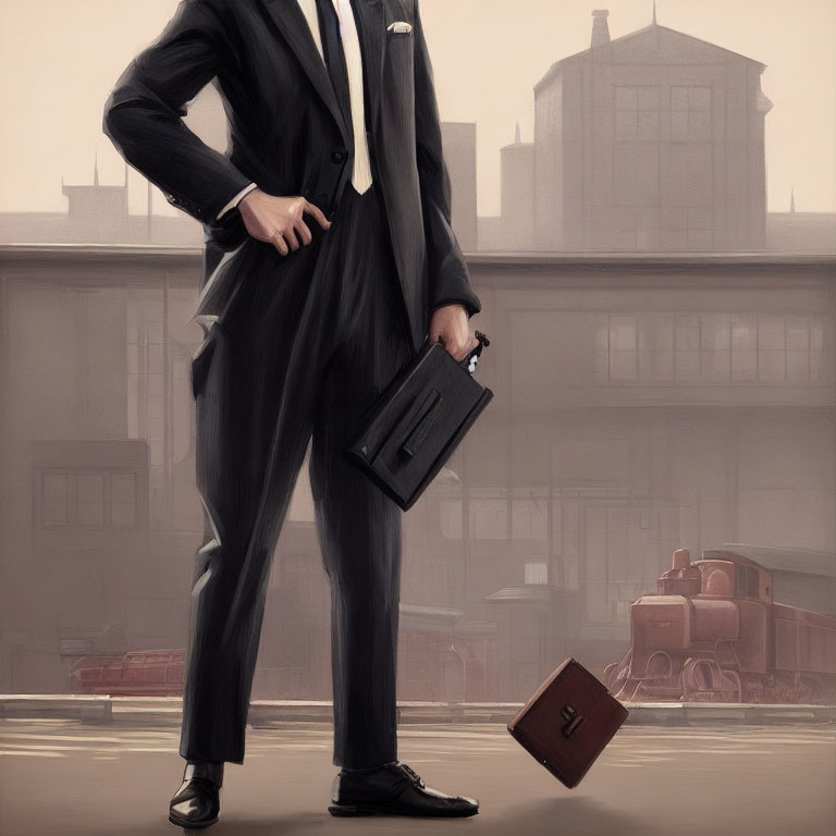 Businessman in suit with briefcase at vintage train station