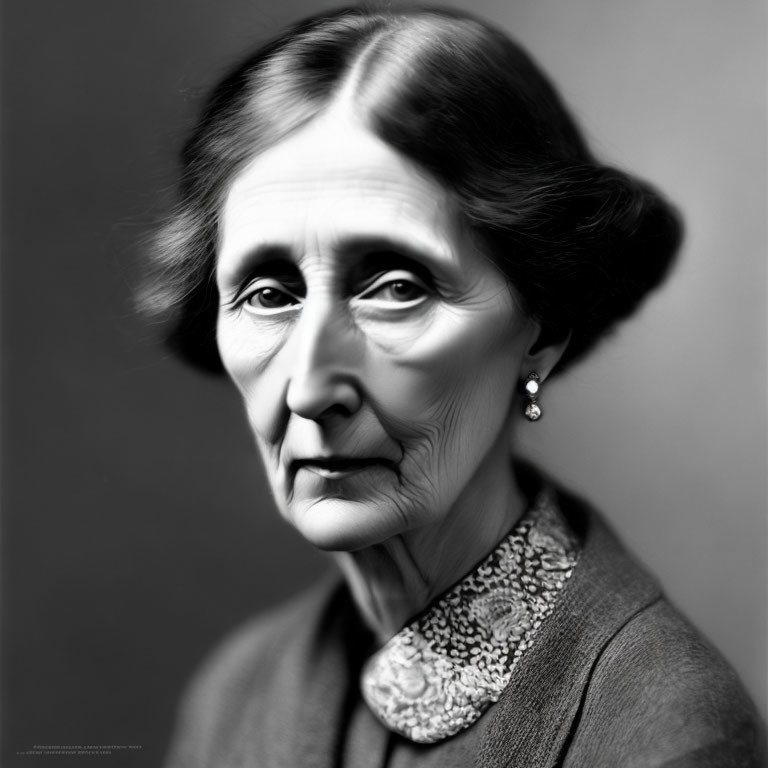 Monochrome portrait of elderly woman in vintage attire