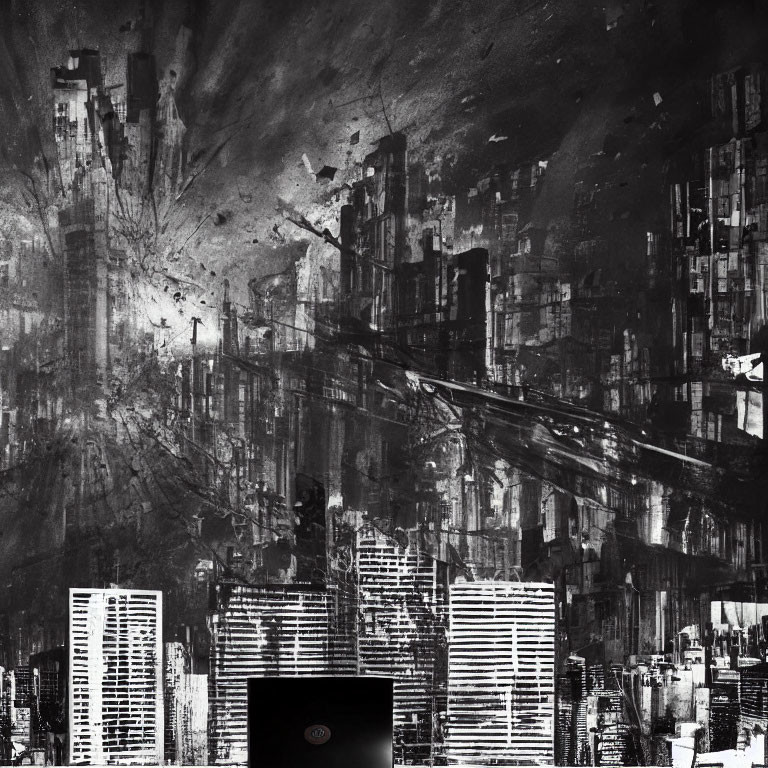 Monochromatic abstract urban scene with layered skyscrapers and textured strokes.