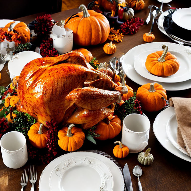 Thanksgiving table setting with roasted turkey centerpiece