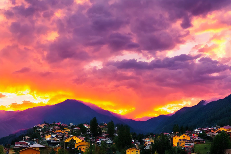 Scenic sunset with fiery clouds over illuminated mountain village