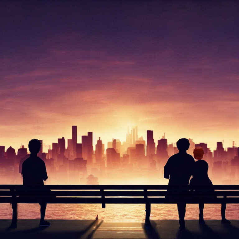 Silhouetted People in Cityscape Sunset Scene