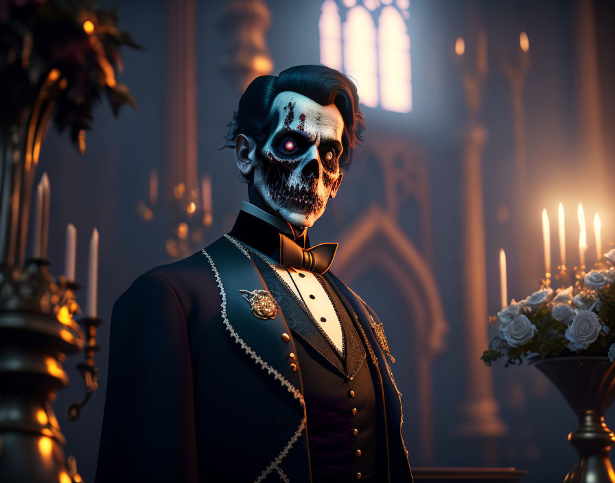 Skull-Face Makeup in Formal Suit in Candlelit Gothic Room