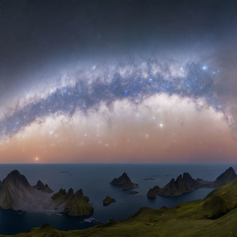 Panoramic Starry Night Sky Over Ocean and Cliffs