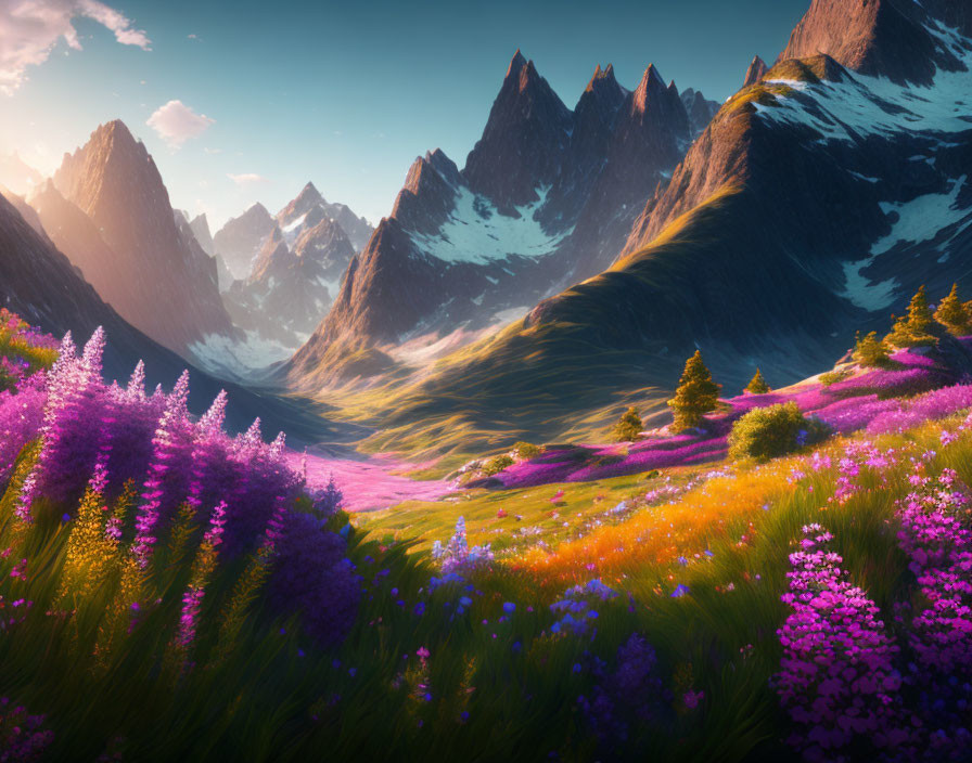 Majestic mountain peaks and vibrant purple wildflowers in serene valley