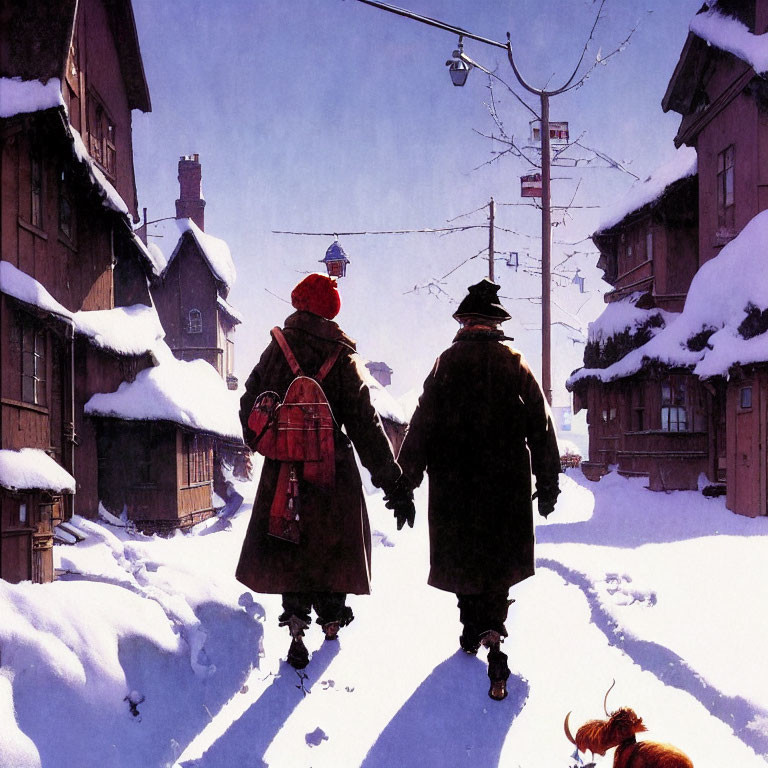 Winter scene: Couple holding hands, dog in snow-covered street.