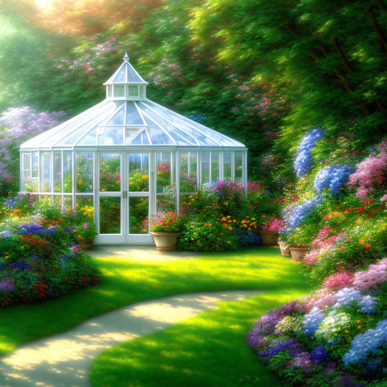 Glass greenhouse with vibrant flowers under soft sunlight