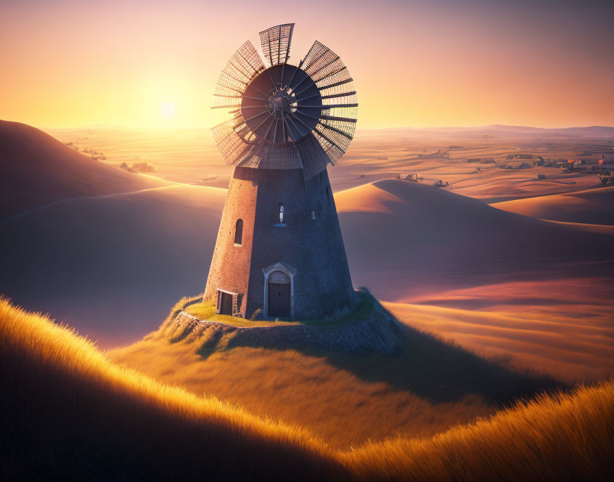 Scenic windmill on rolling hill at sunrise or sunset