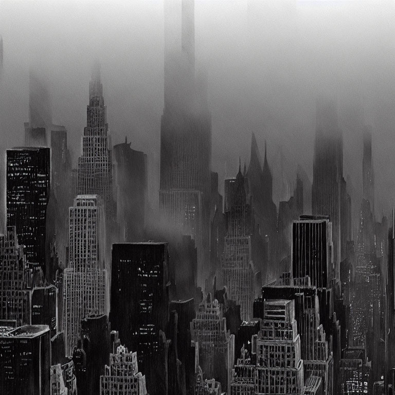 Grayscale cityscape with foggy skyscrapers for a moody urban scene