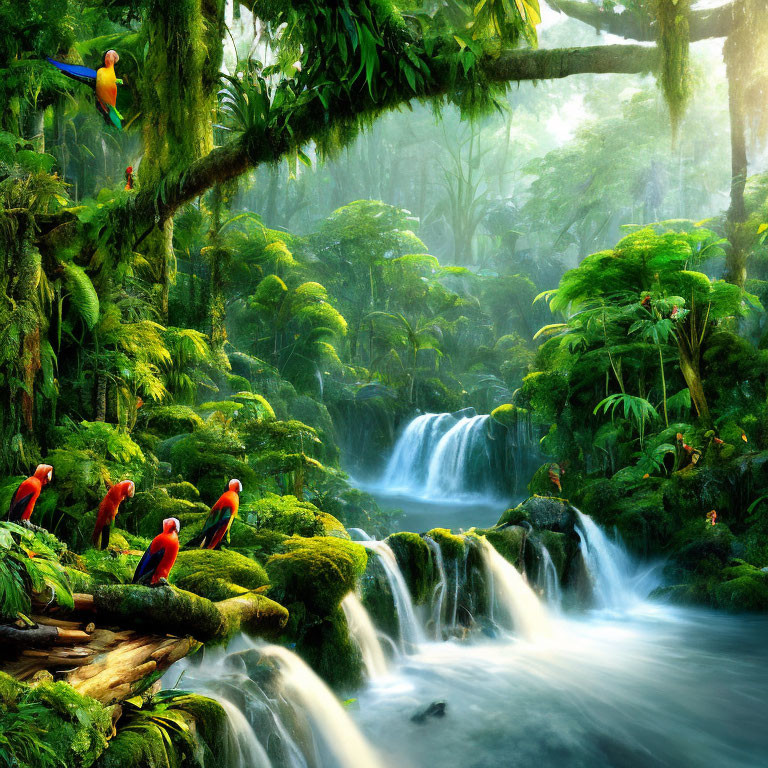 Tropical rainforest with waterfall and colorful parrots