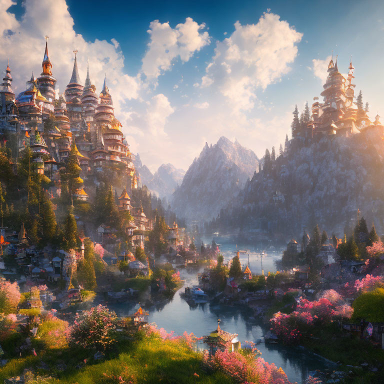 Majestic tiered towers, cherry blossoms, serene river & mountains in warm sunlight