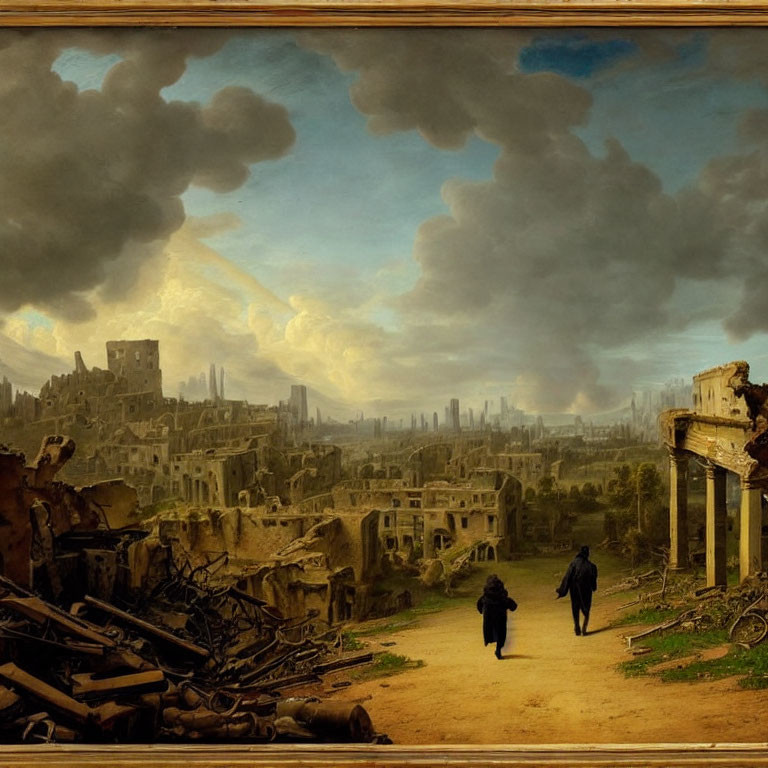 Classical painting of figures in ruins under dramatic sky