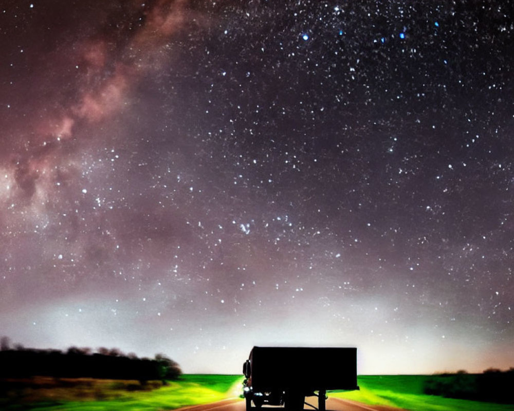 Truck on Highway Under Starry Night Sky with Milky Way and Green Glow