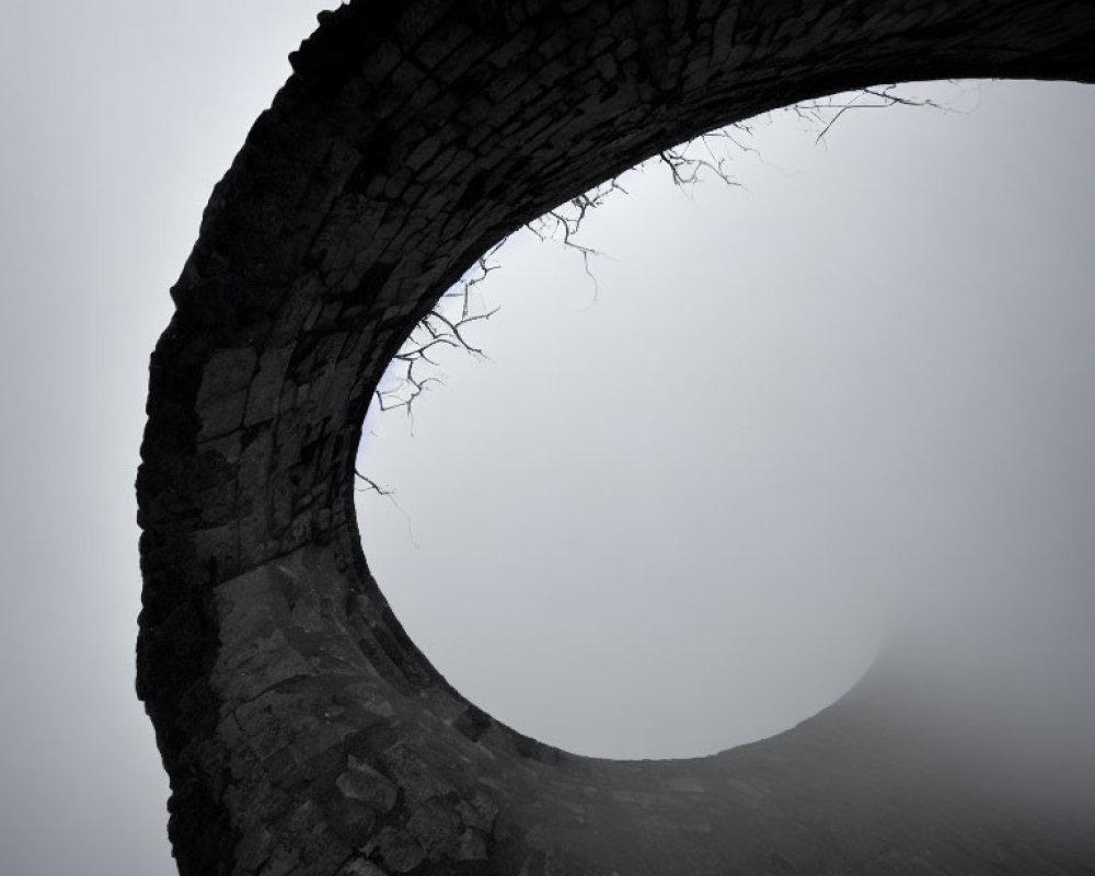 Stone arch with bare twigs in foggy backdrop: Mysterious and ethereal ambiance