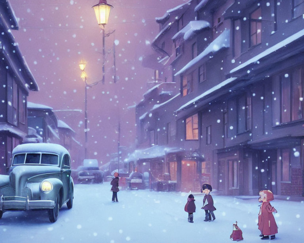 Vintage buildings, old car, street lamp, and people on snowy evening in quaint town