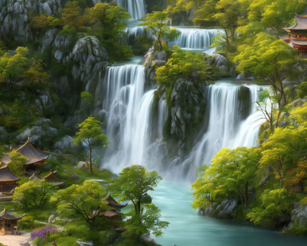 Tranquil waterfall flowing into turquoise river with Asian architecture and person on path