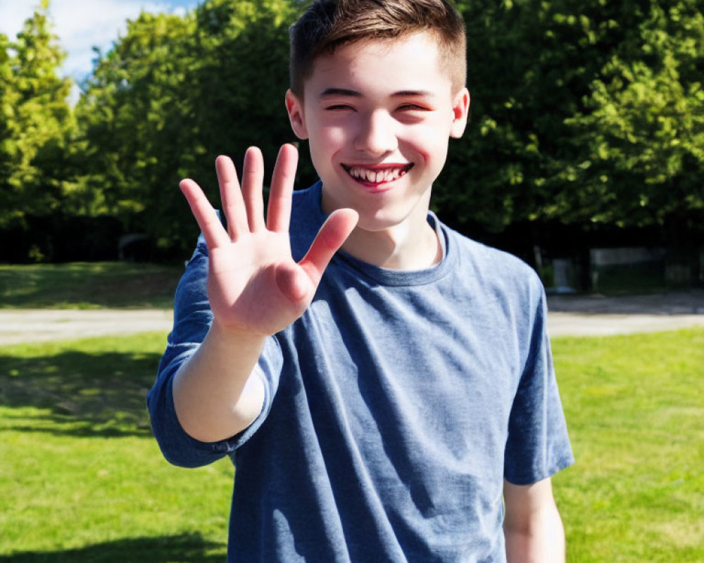 Smiling boy in blue t-shirt waving hand in sunny park