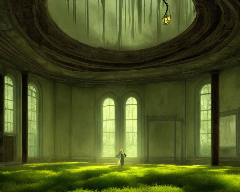 Abandoned circular room with overgrown nature and solitary figure