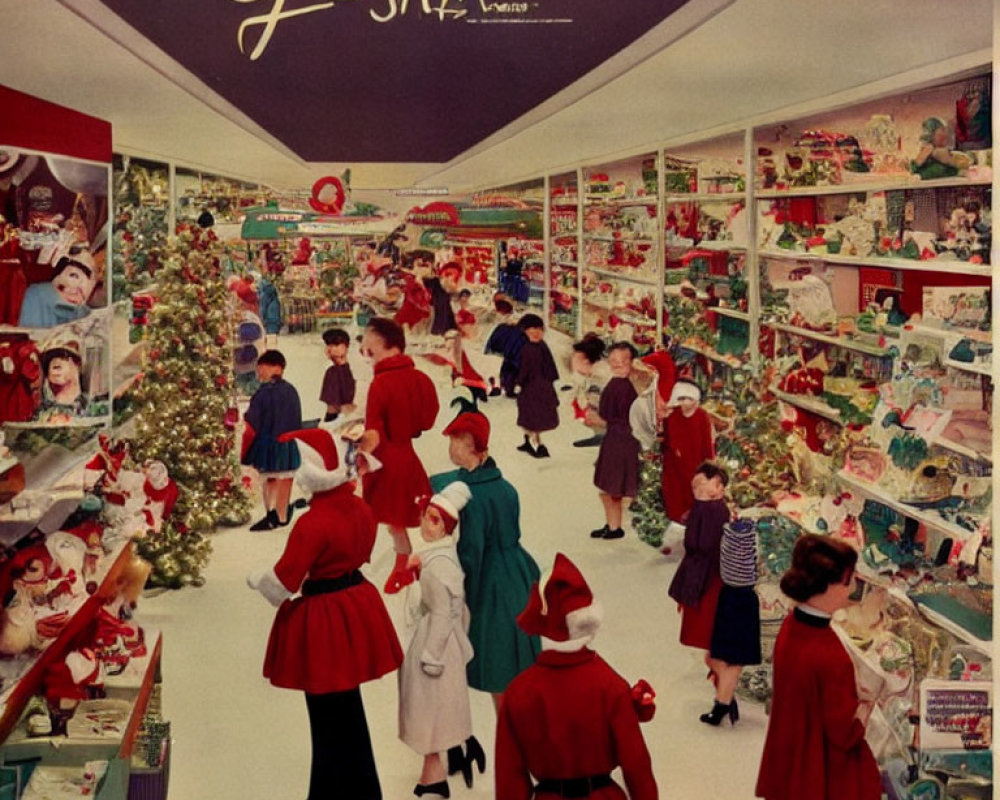 Vintage Christmas Shopping Scene with Festive Decorations & Attire