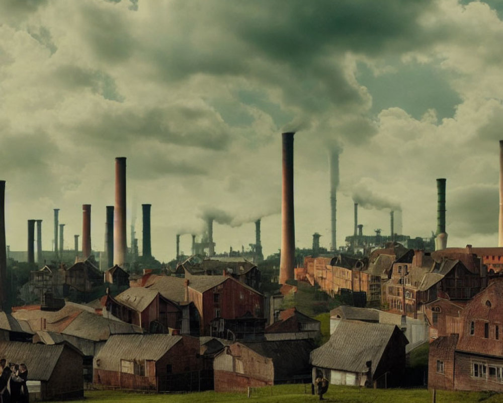 Industrial town with smokestacks, brick buildings, and cloudy sky with two individuals.