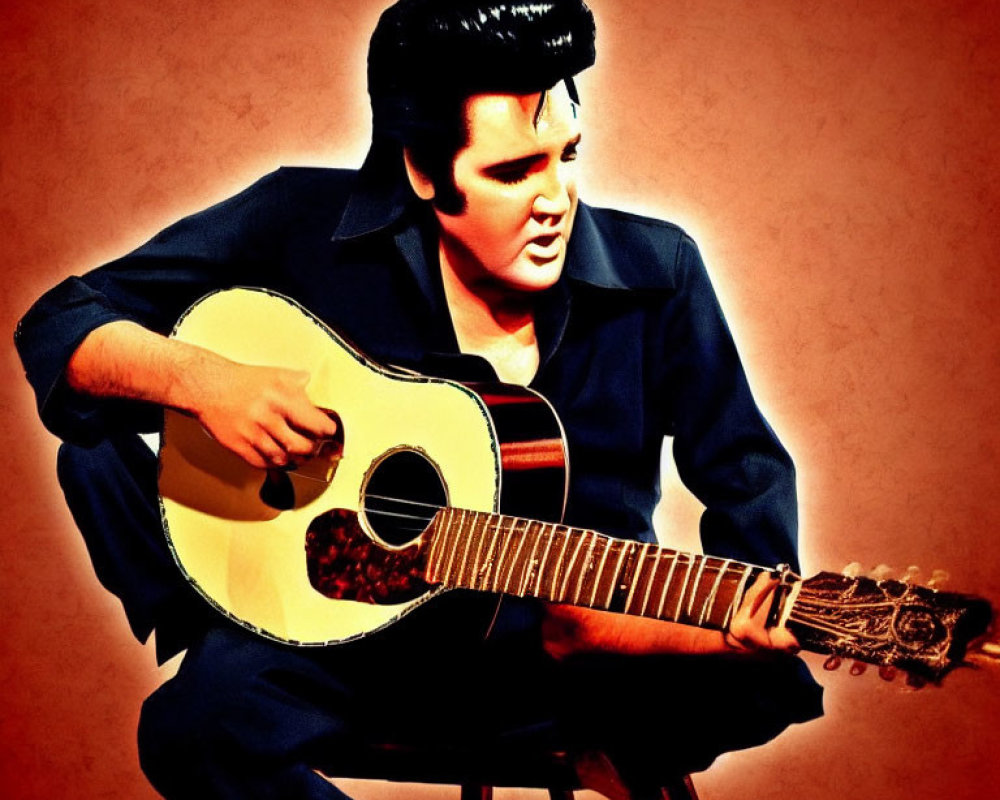 Man with Classic Pompadour Hairstyle Playing Acoustic Guitar in Dark Suit