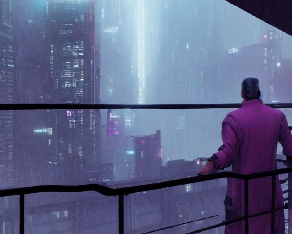 Person in Purple Coat Observing Futuristic Cityscape in Heavy Rain