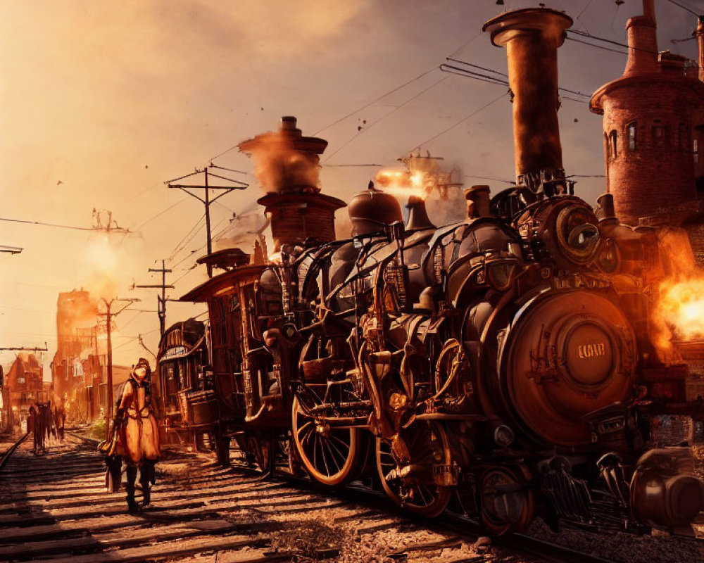 Steampunk scene with vintage trains, industrial buildings, and person at sunset