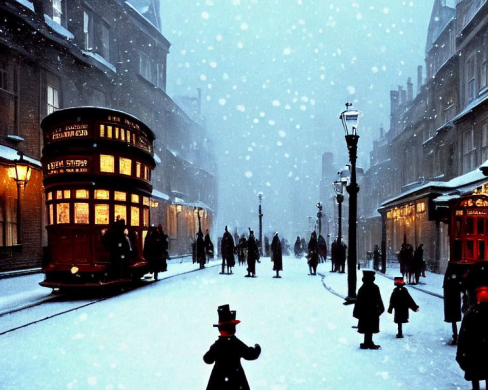 Snowy vintage street scene with red tram and pedestrians at twilight