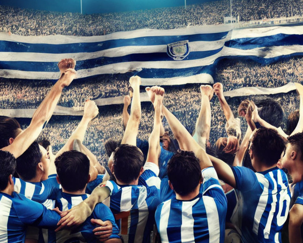 Soccer players in blue and white stripes celebrate victory on field with crowded stadium.