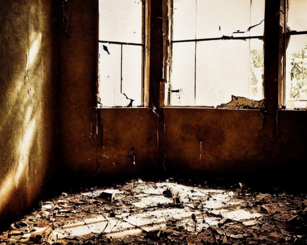 Decrepit room with broken windows and scattered debris