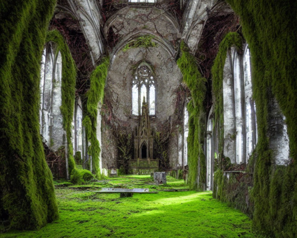 Abandoned church reclaimed by nature with moss-covered floors and vine-draped columns