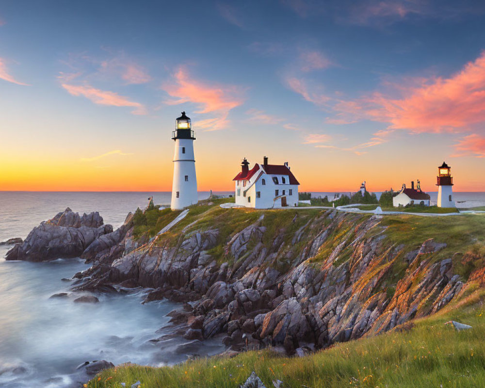 Tranquil sunset scene with white lighthouse on rocky cliff by calm sea