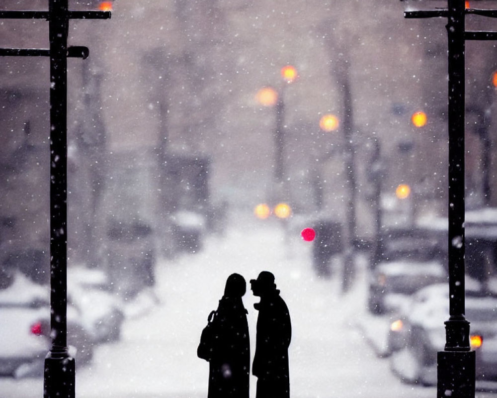 Couple standing on snowy street with glowing lampposts and falling snowflakes