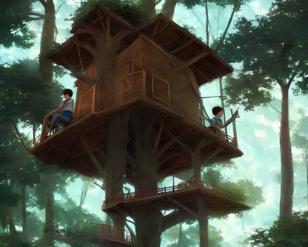 Illustration of a forest treehouse with two people on balconies