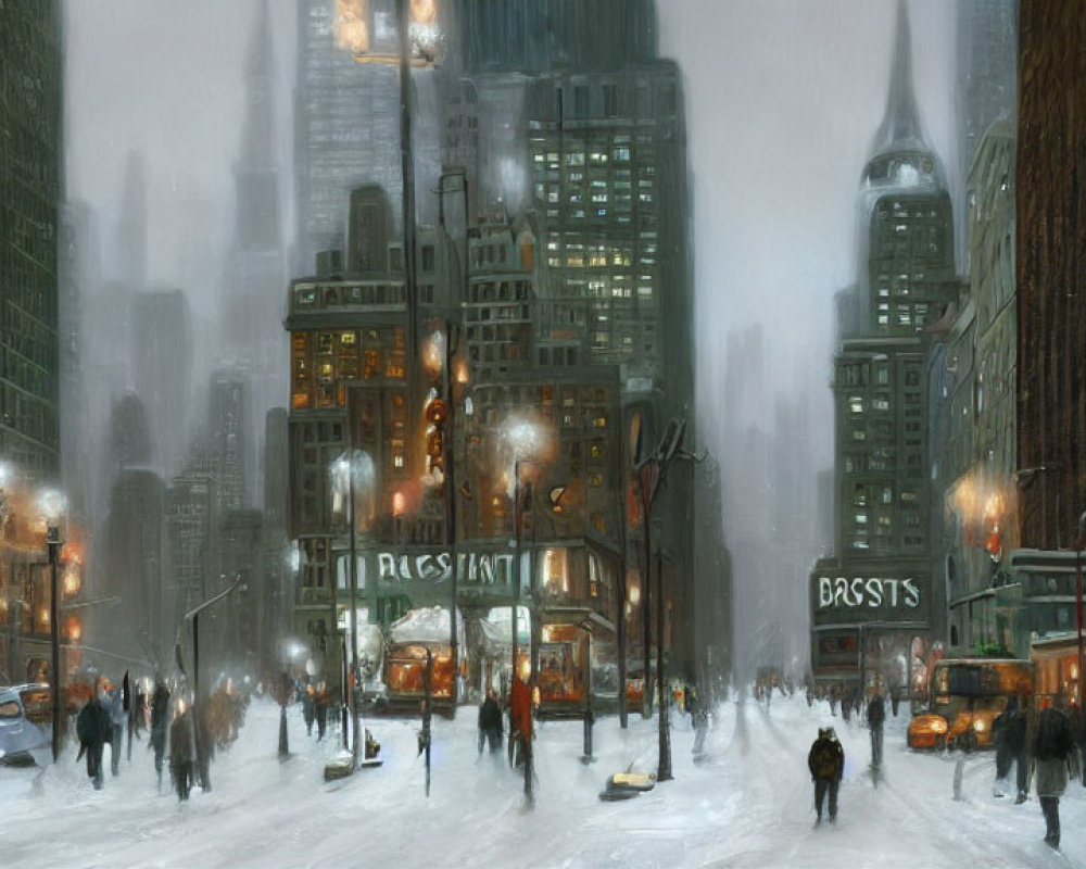 City street in winter with pedestrians, cars, street lamps, snow, and skyscrapers