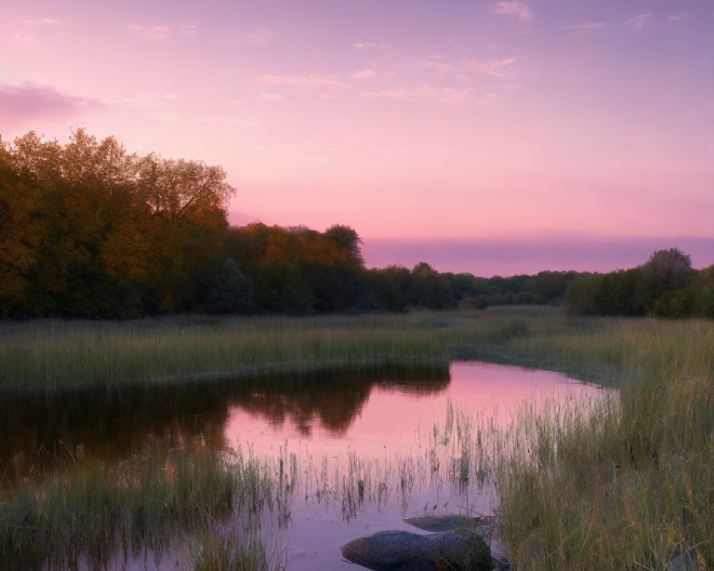 Tranquil Sunset Scene: Pink and Purple Hues on Calm Lake