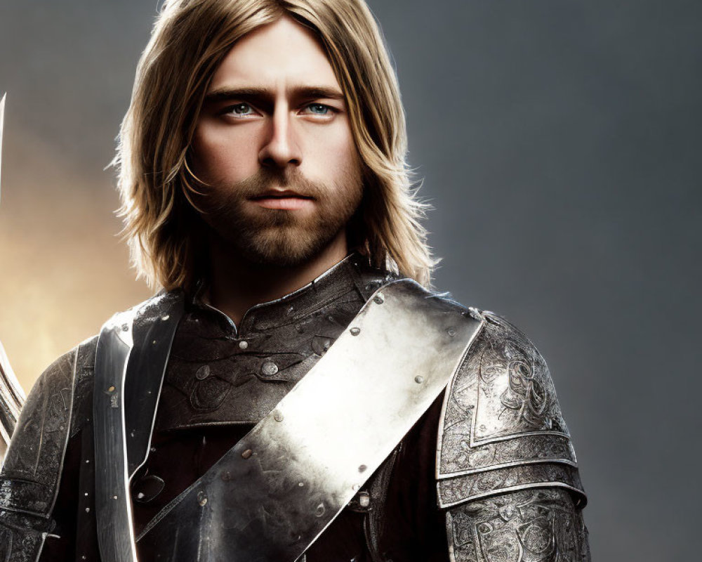 Detailed digital artwork of a medieval knight in blonde hair, blue eyes, armor, and sword.